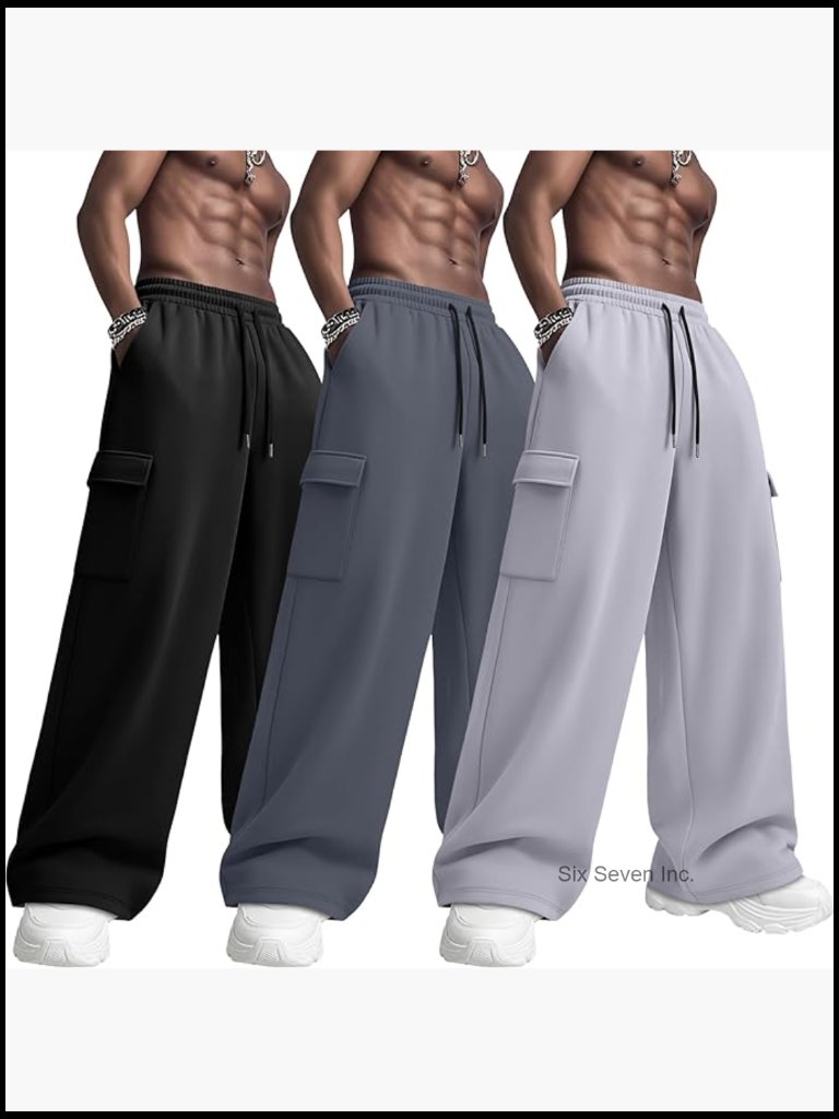 3 Pack Men's Baggy Cargo Sweatpants With Pockets Straight Leg Open Bottom